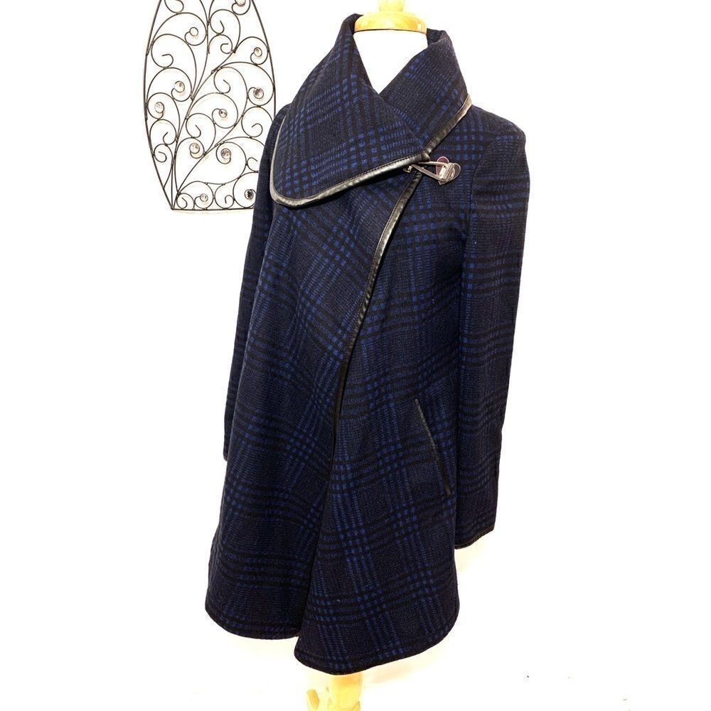Betsy Johnson Blue and Black Plaid Cape Coat Size S